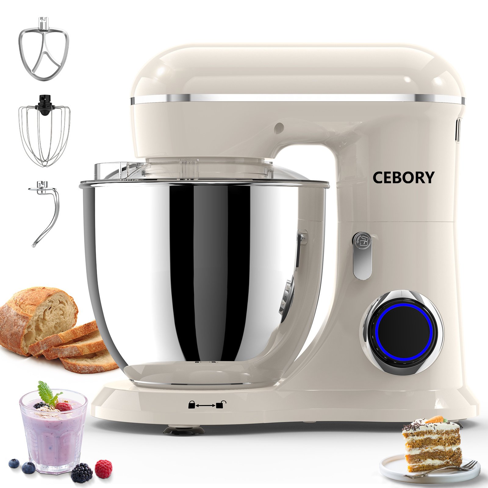 3-IN-1 Electric Stand Mixer, 660W 10-Speed With Pulse Button, Attachments include 6.5QT Bowl, Dough Hook, Beater, Whisk for Most Home Cooks,  Almond C